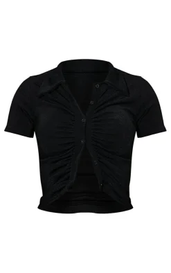 Black Acetate Slinky Ruched Front Short Sleeve Shirt