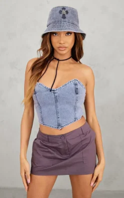 Black Acid Wash Seam Front Bandeau Denim Corset