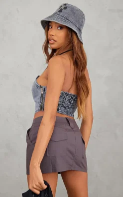 Black Acid Wash Seam Front Bandeau Denim Corset