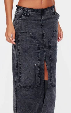 Black Acid Wash Twill Raw Hem Maxi Skirt