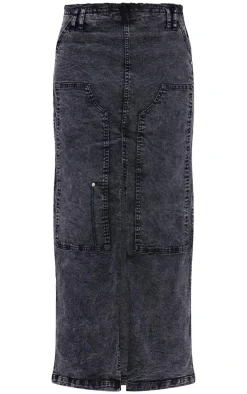 Black Acid Wash Twill Raw Hem Maxi Skirt
