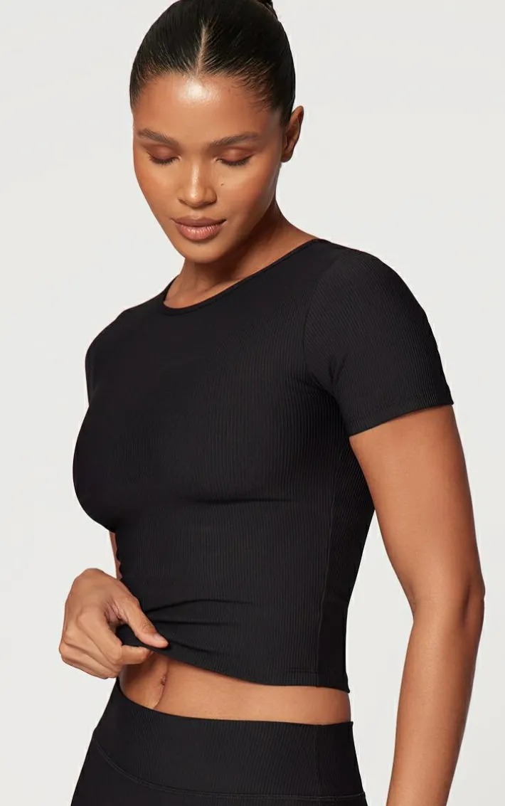 Black Active Rib Short Sleeve Gym Top
