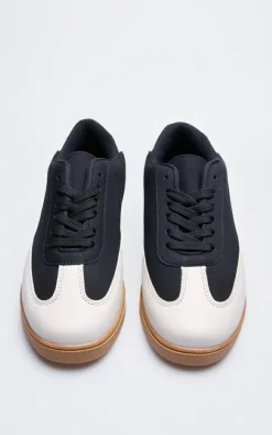Black and Cream Pu Contrast Panel Lace Up Sneakers