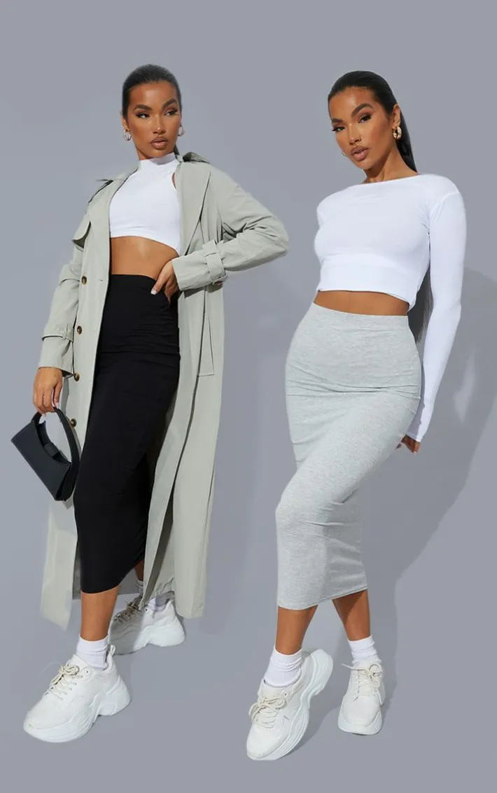 Black and Grey Basic Cotton Blend Jersey 2 Pack Midaxi Skirt