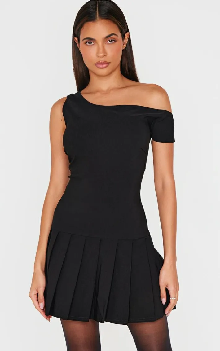 Black Asymmetric Bengaline Pleated Shift Dress