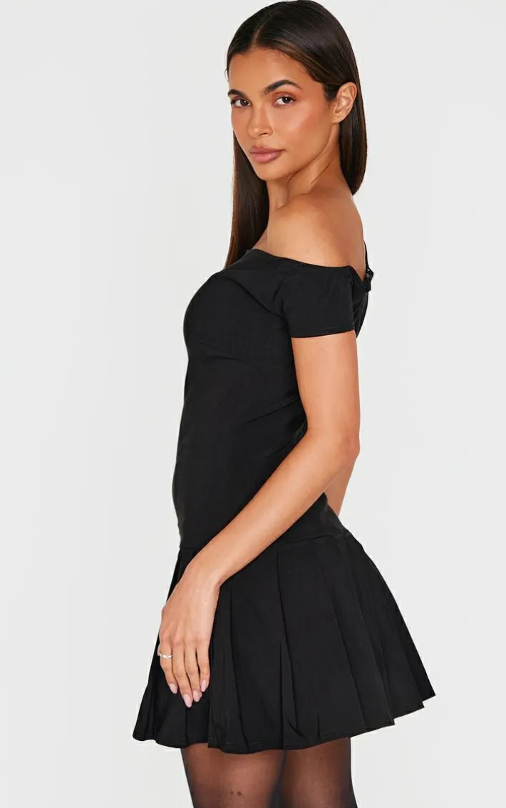 Black Asymmetric Bengaline Pleated Shift Dress