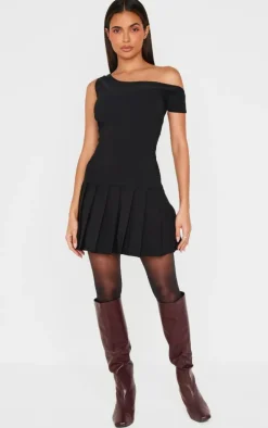 Black Asymmetric Bengaline Pleated Shift Dress