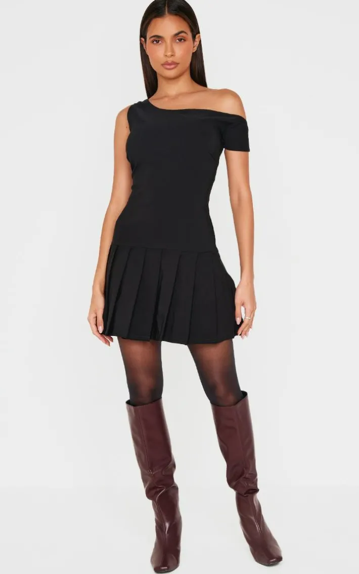 Black Asymmetric Bengaline Pleated Shift Dress