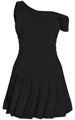 Black Asymmetric Bengaline Pleated Shift Dress