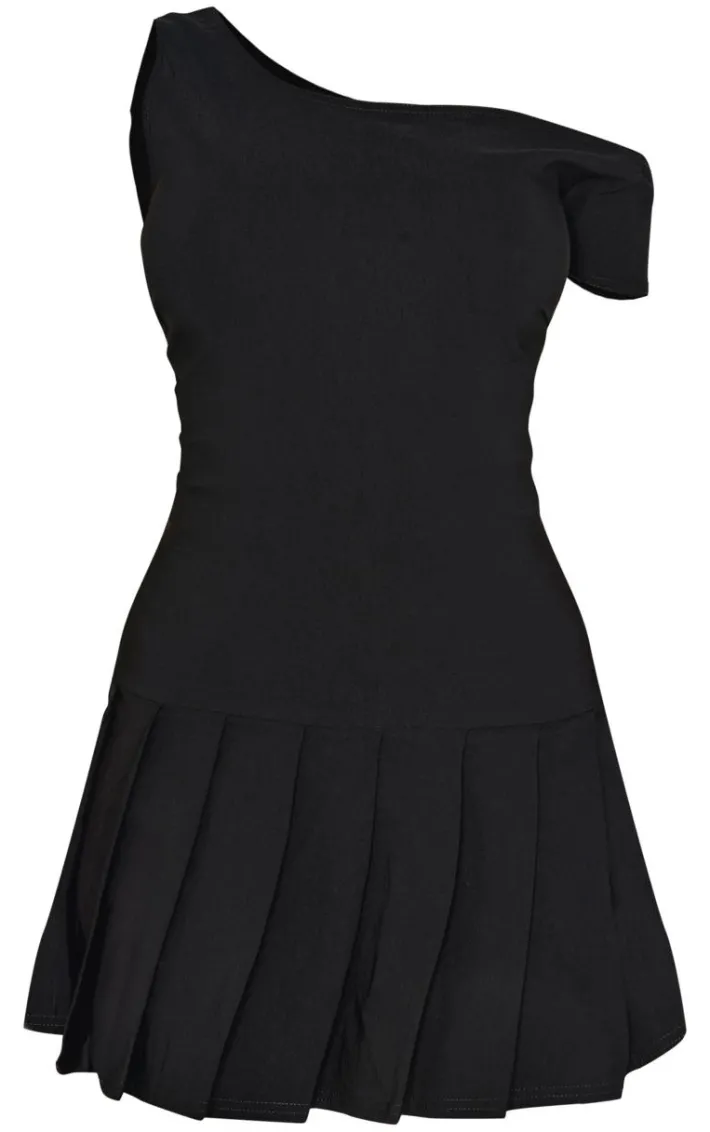 Black Asymmetric Bengaline Pleated Shift Dress