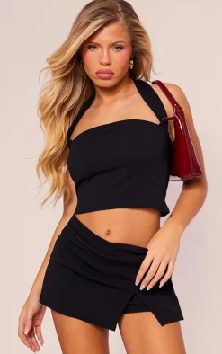 Black Asymmetric Halterneck Strap Detail Bandeau