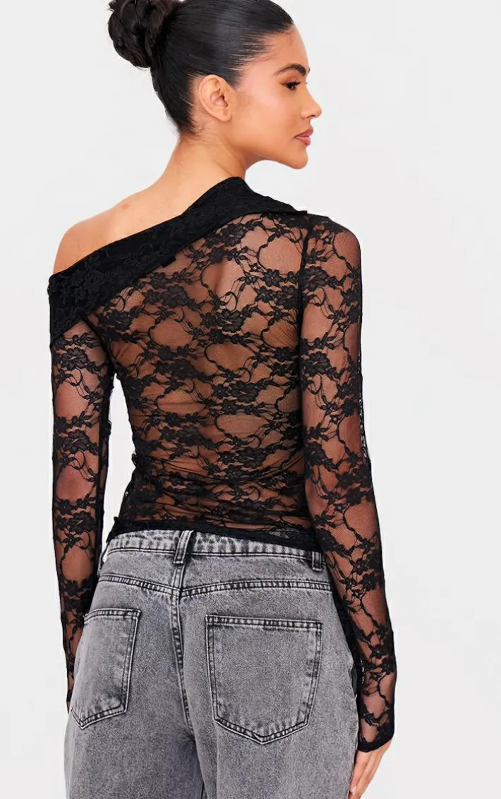 Black Asymmetric Lace Detail Long Sleeve Top