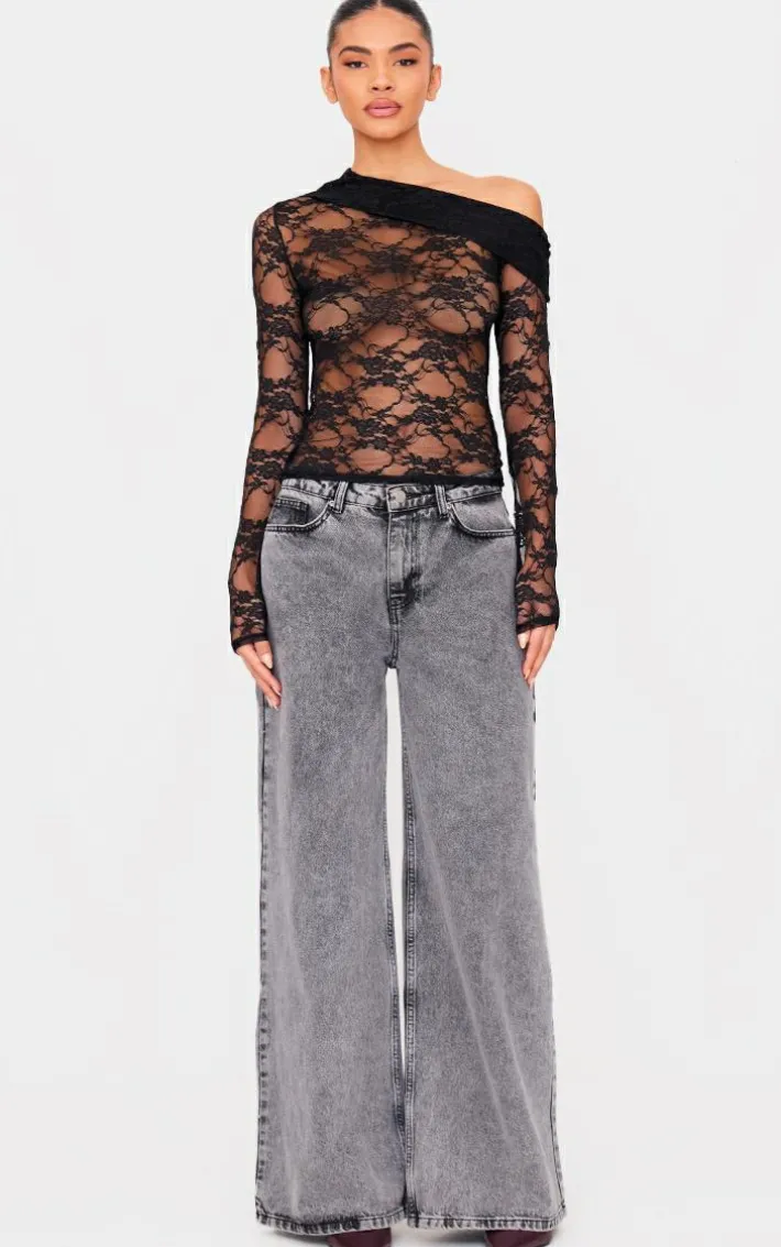 Black Asymmetric Lace Detail Long Sleeve Top