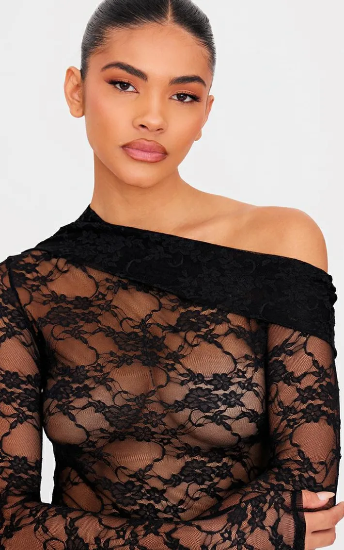 Black Asymmetric Lace Detail Long Sleeve Top