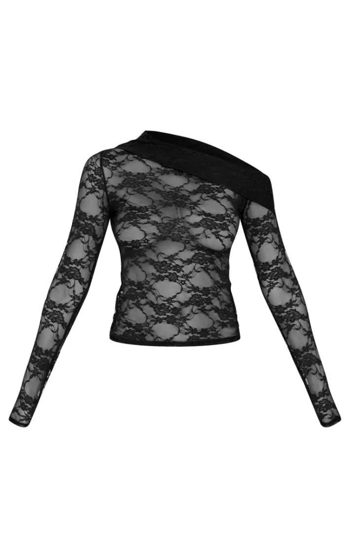 Black Asymmetric Lace Detail Long Sleeve Top