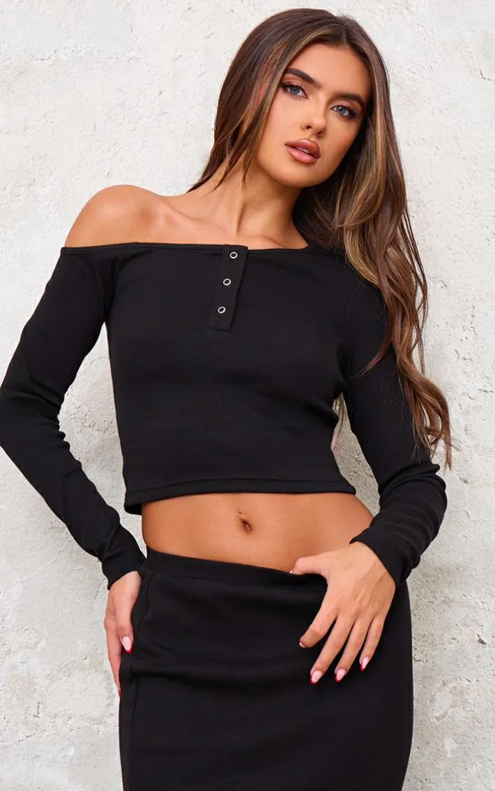 Black Asymmetric Neck Rib Long Sleeve Top