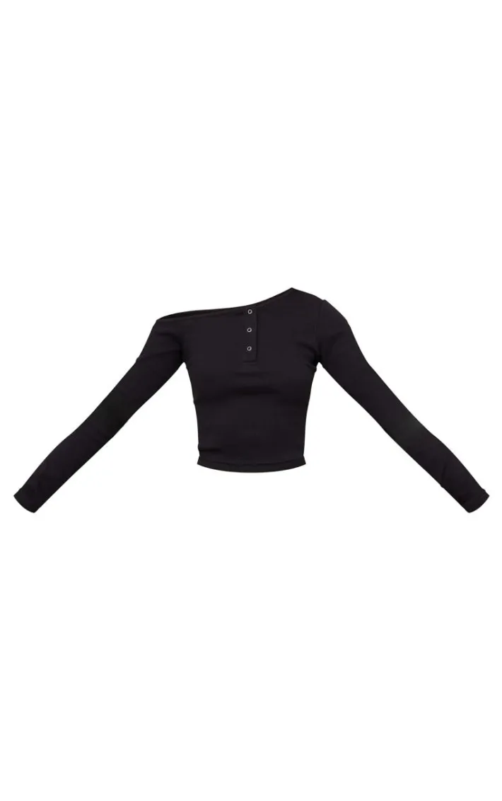 Black Asymmetric Neck Rib Long Sleeve Top