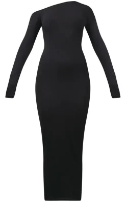 Black Asymmetric Neck Split Detail Maxi Dress