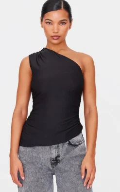 Black Asymmetric Ruched Side Longline Top