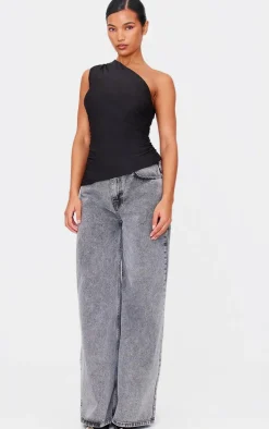 Black Asymmetric Ruched Side Longline Top