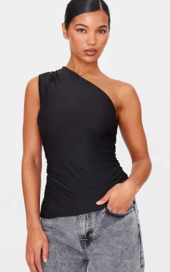 Black Asymmetric Ruched Side Longline Top