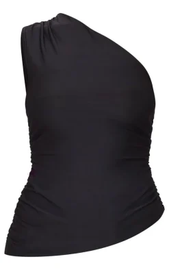 Black Asymmetric Ruched Side Longline Top