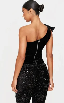 Black Asymmetric Velvet Sequin Bow Detail Long Top