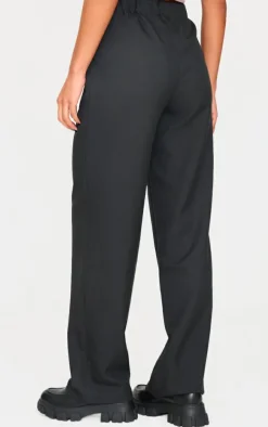 Black Asymmetric Waistband Straight Leg Woven Pant