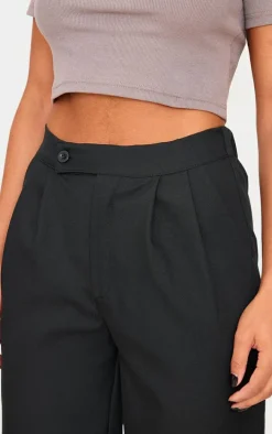 Black Asymmetric Waistband Straight Leg Woven Pant