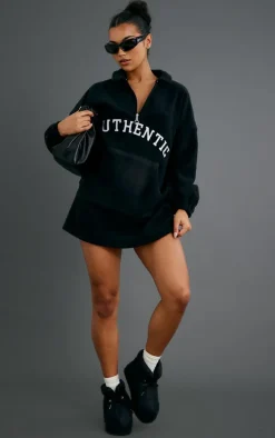 Black Authentic Graphic Half Zip Fleece Sweater Dress