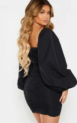 Black Balloon Sleeve Ruched Bodycon Dress