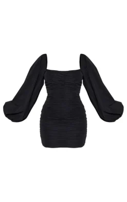 Black Balloon Sleeve Ruched Bodycon Dress