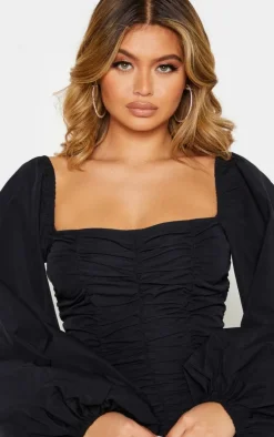 Black Balloon Sleeve Ruched Bodycon Dress
