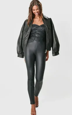 Black Bandeau Coated Denim Jumpsuit