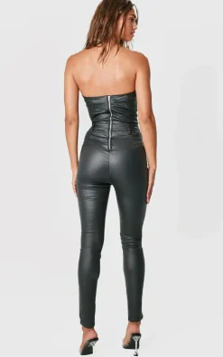 Black Bandeau Coated Denim Jumpsuit