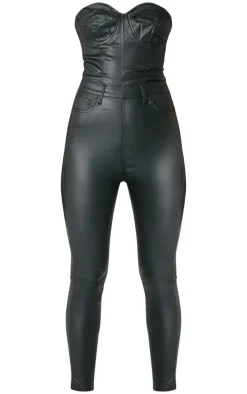 Black Bandeau Coated Denim Jumpsuit