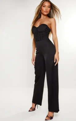 Black Bandeau Corset Lace Up Back Jumpsuit