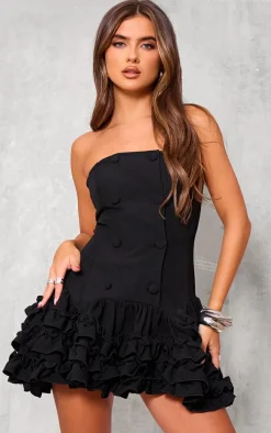 Black Bandeau Frill Button Down Mini Dress