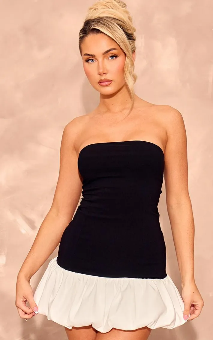 Black Bandeau Puff Hem Mini Dress