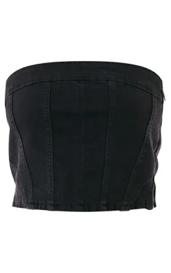 Black Bandeau Seam Detail Denim Corset Top