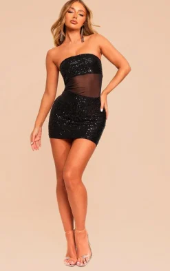 Black Bandeau Sequin Mesh Panelling Mini Dress