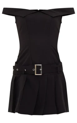 Black Bardot Belted Pleated Shift Dress