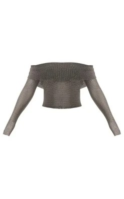 Black Bardot Fishnet Diamante Long Sleeve Top