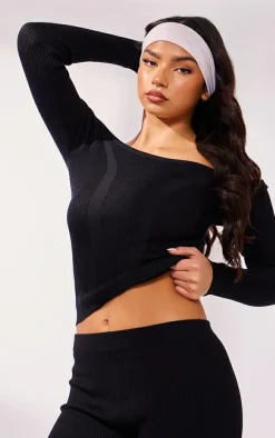 Black Bardot Rib Knit Long Sleeve Top