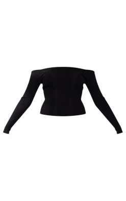 Black Bardot Rib Knit Long Sleeve Top