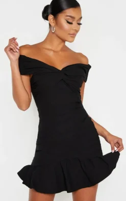Black Bardot Shirred Pleated Bodycon Dress