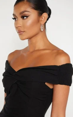 Black Bardot Shirred Pleated Bodycon Dress