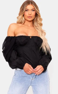 Black Bardot Sleeve Chiffon Insert Shirt