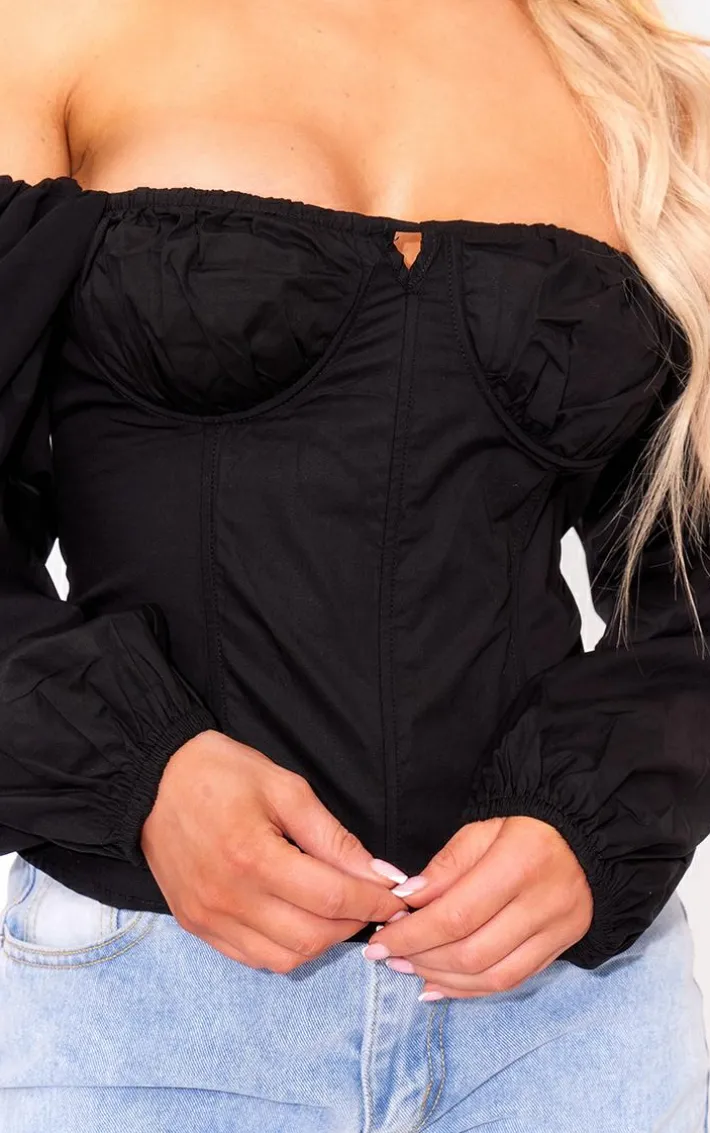 Black Bardot Sleeve Chiffon Insert Shirt