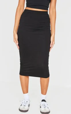 Black Basic Cotton Blend Jersey Midi Skirt